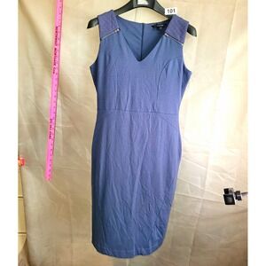 comma, Blue Solid Sheath Knee Dress Sleeveless V-Neck Zip Quilted Accents 6
